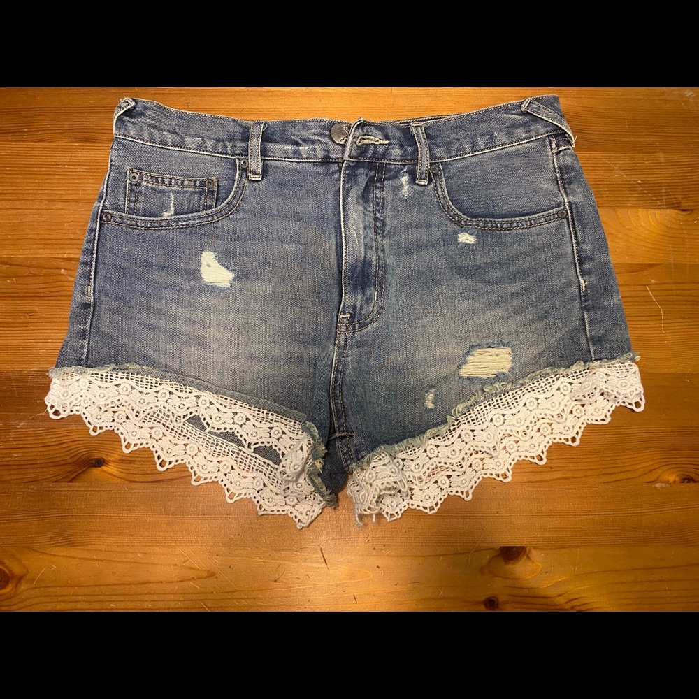 Free People High Waist Crochet Lace Denim Shorts - Picture 2 of 6